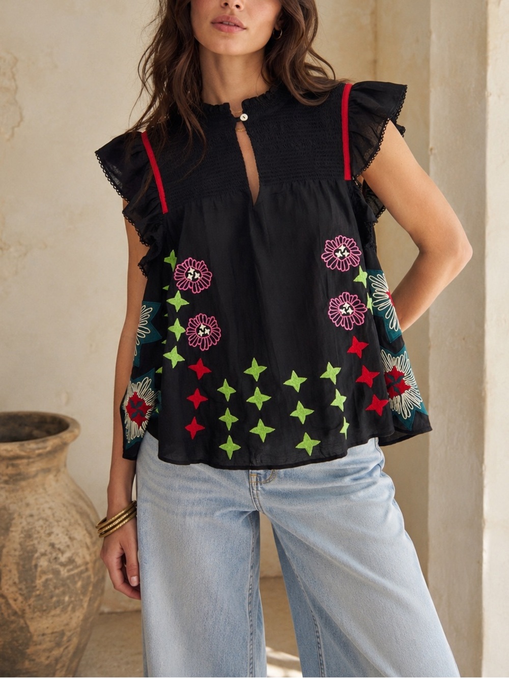 CHUFY Northern Lights Embroidered Smocked Ruffle Flutter Sleeve Top Folk Art